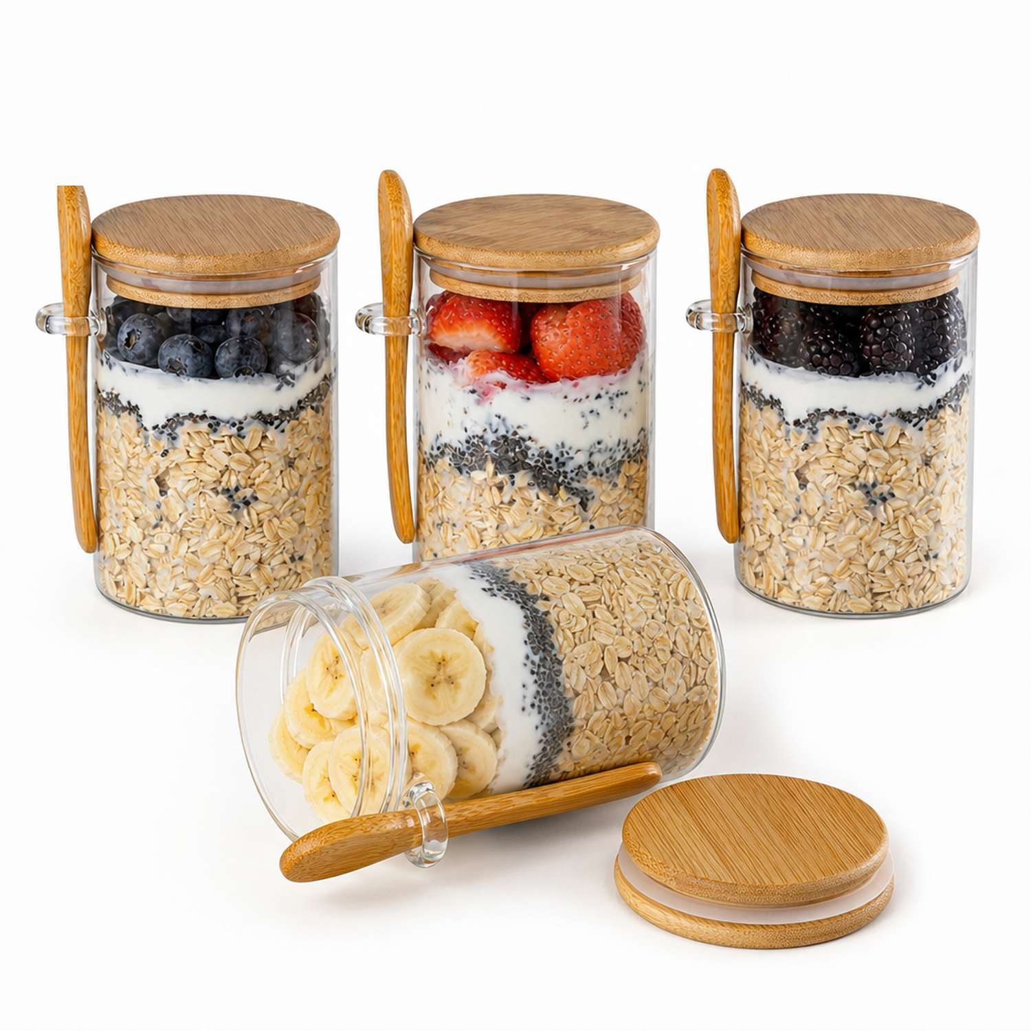 Overnight oats potjes met bamboe deksel en lepel